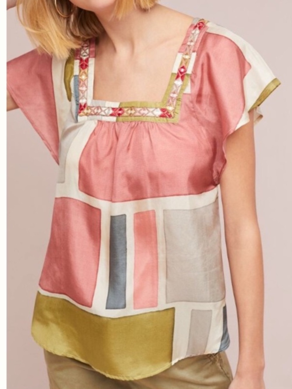 Anthropologie Akemi + Kin Silk Geometric Colorblock Embroided Top